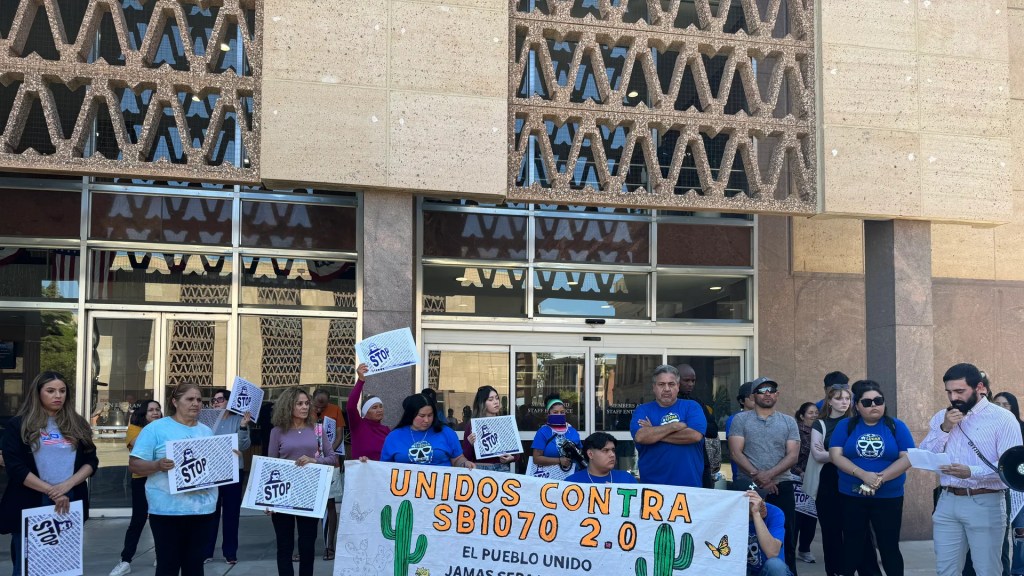 Living United for Change in Arizona members protest against House Bills 2748, 2821 and House Concurrent Resolution 2060 outside of the Arizona Capitol on March 20, 2024.